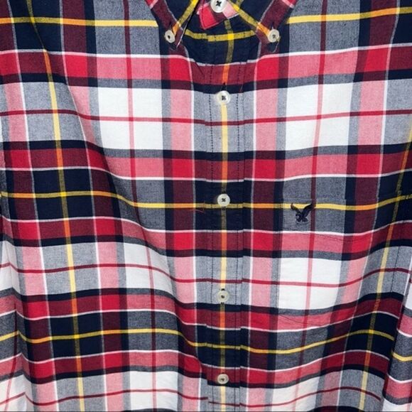 American Eagle Red, White, Yellow, and Navy Plaid Button Down Shirt‎ - Picture 3 of 4